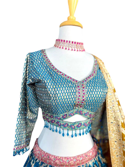 Blue & Mustard Floral Printed Lehenga Set with embroidered Blouse and Dupatta