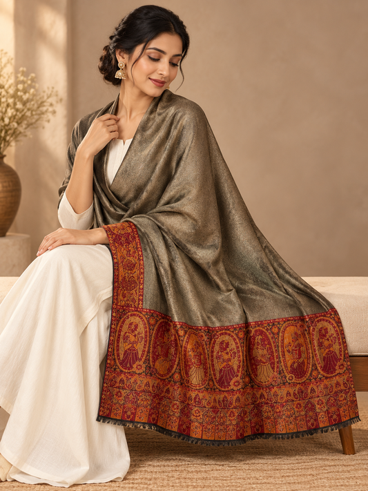 Bronze Olive Shimmer Shawl with Rust Figure Border