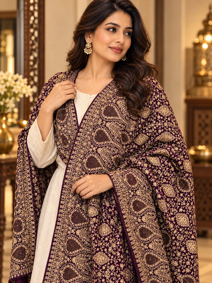 Deep Plum Paisley Swarovski Work Velvet Shawl