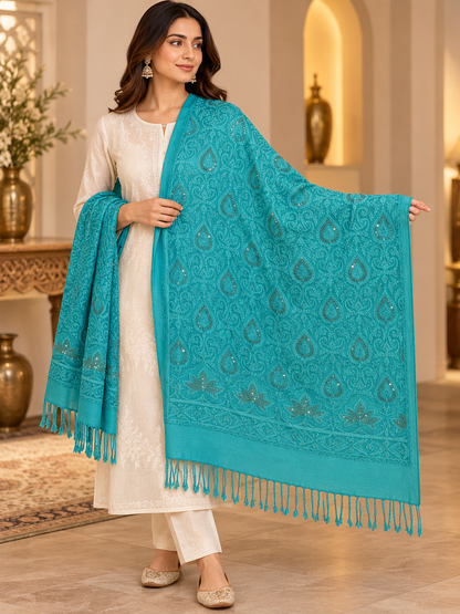 Turquoise Paisley Swarovski Work Pure Wool Shawl