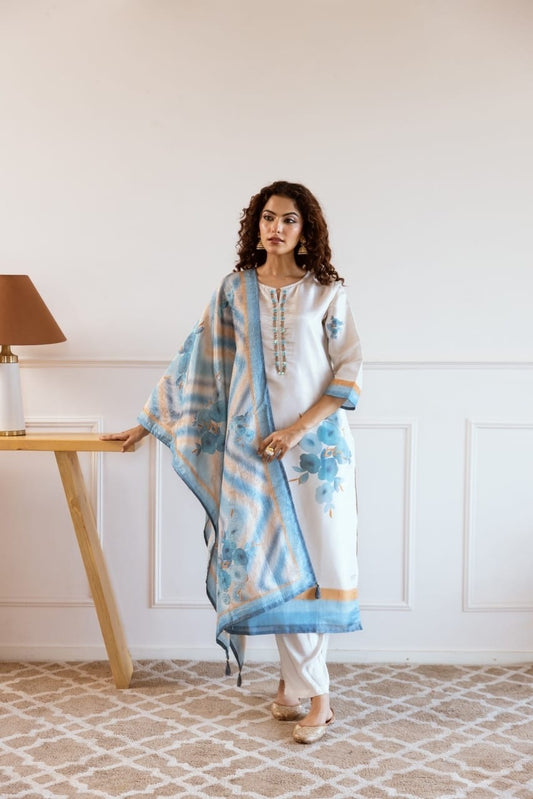 Floral Kurta Set Paired With Light Blue Floral Dupatta