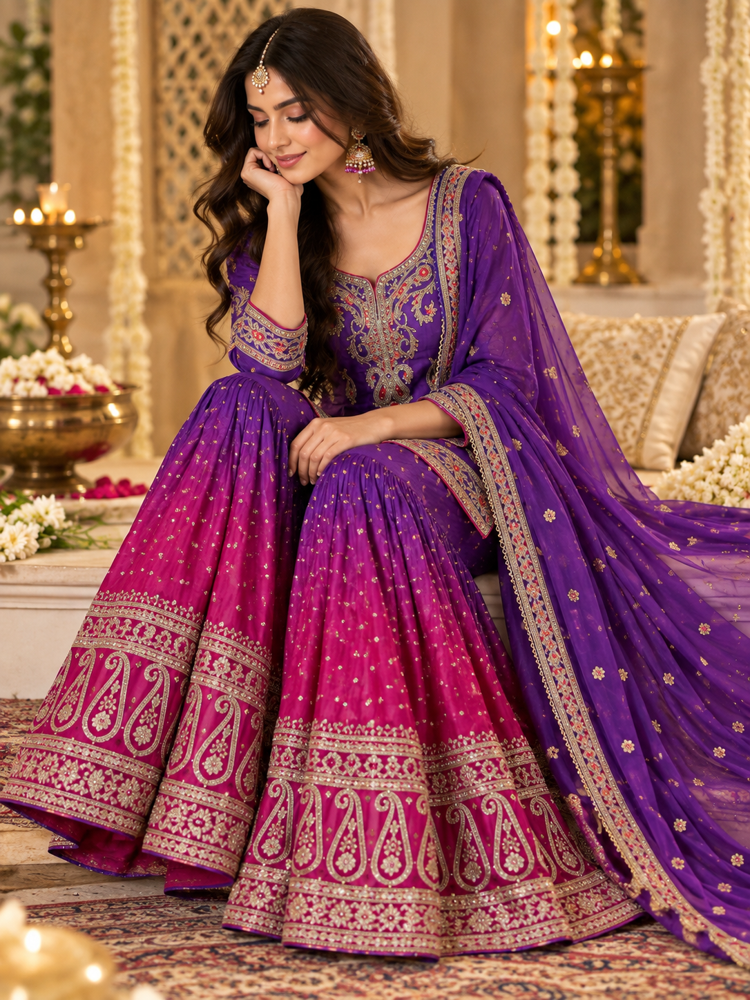 Purple and Fuchsia Embroidered Sharara Set