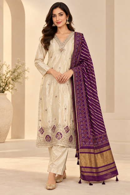 Ivory Embroidered Suit Set with Purple Dupatta