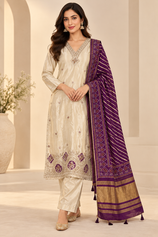 Ivory Embroidered Suit Set with Purple Dupatta