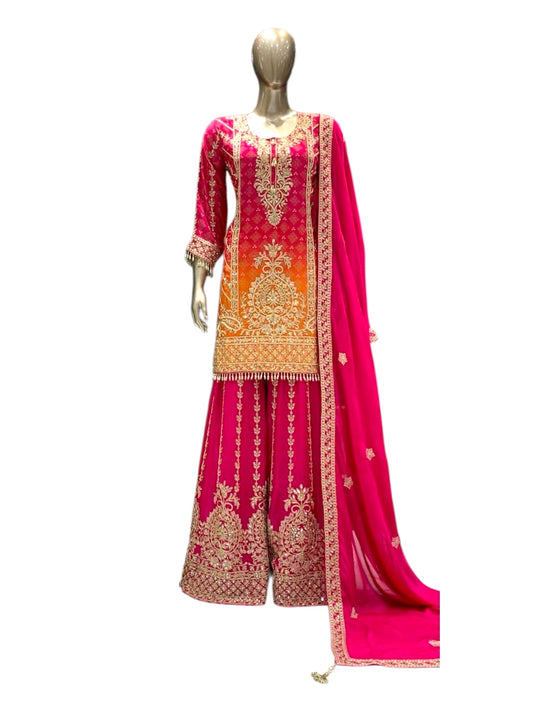 Hot Pink & Orange Ombre Embroidered Sharara Suit - Festive Pakistani Ensemble