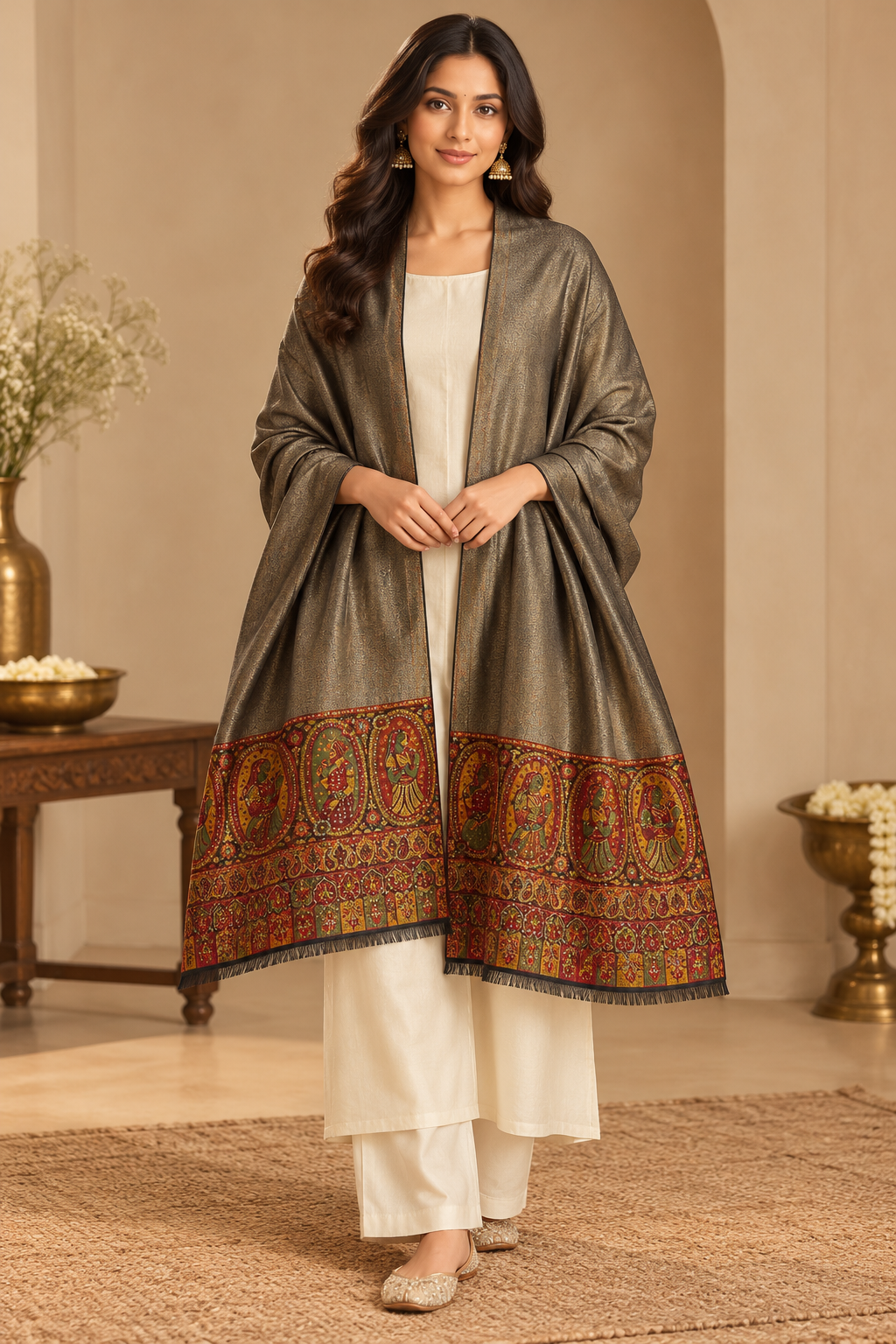 Taupe Shawl with Multicolor Figure Border