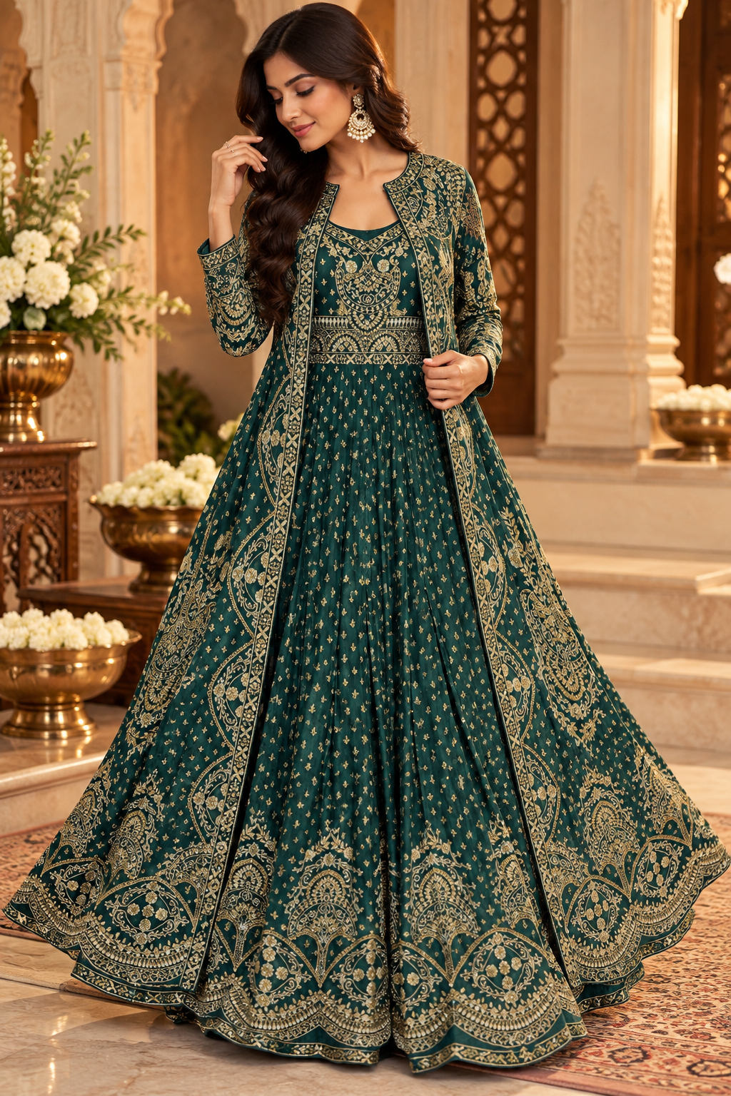 Deep Teal Crape Anarkali with Embroidered Long Jacket