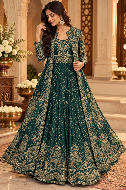 Deep Teal Crape Anarkali with Embroidered Long Jacket