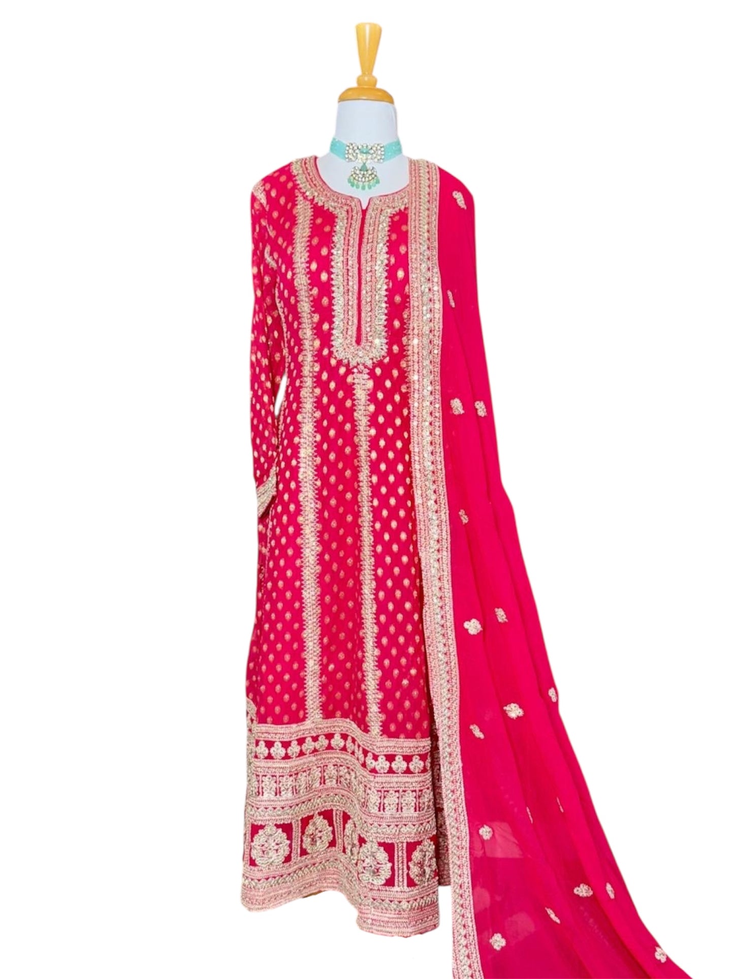 Red Banarsi Long Dress With Dupatta