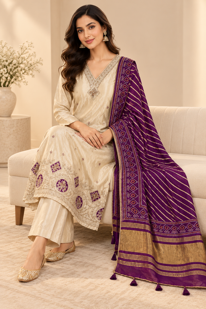 Ivory Embroidered Suit Set with Purple Dupatta