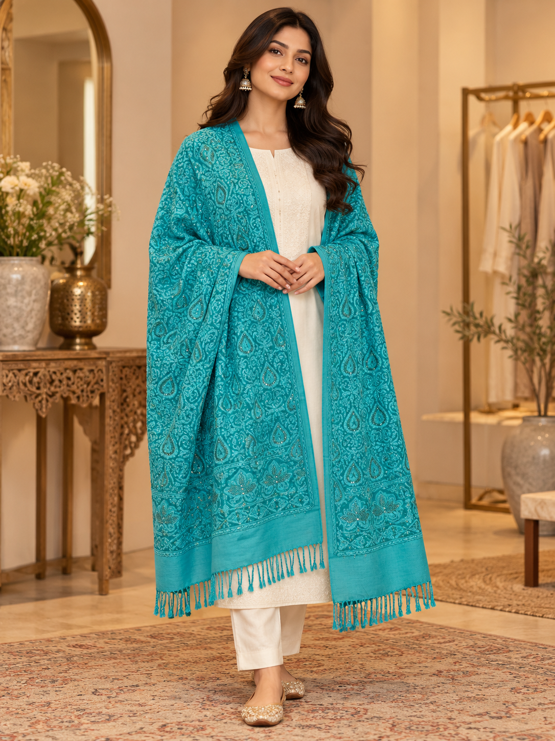 Turquoise Paisley Swarovski Work Pure Wool Shawl
