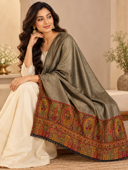 Taupe Shawl with Multicolor Figure Border