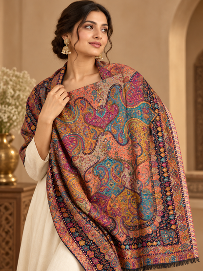 Coral Paisley Shawl with Jewel-Tone Borders