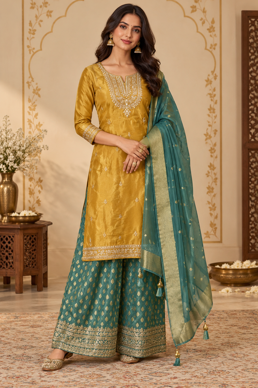 Mustard & Teal Embroidered Suit Set
