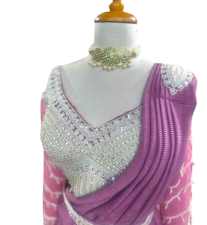 Ready To Wear Pink Saree Paired With Motif Work Blouse & Belt