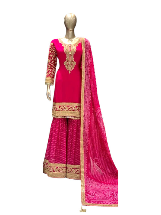Hot Pink Embroidered Sharara Suit with Got Dupatta - Elegant Festive Wear