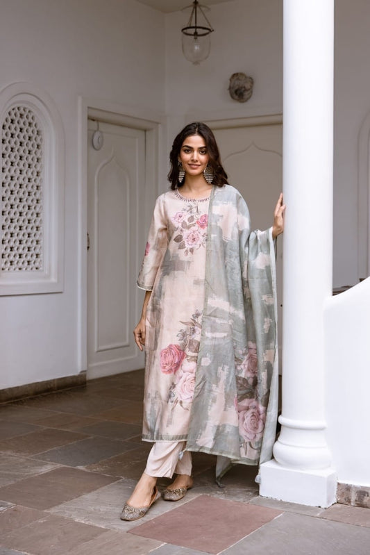 Beige Floral Kurta Set Paired With Floral Dupatta