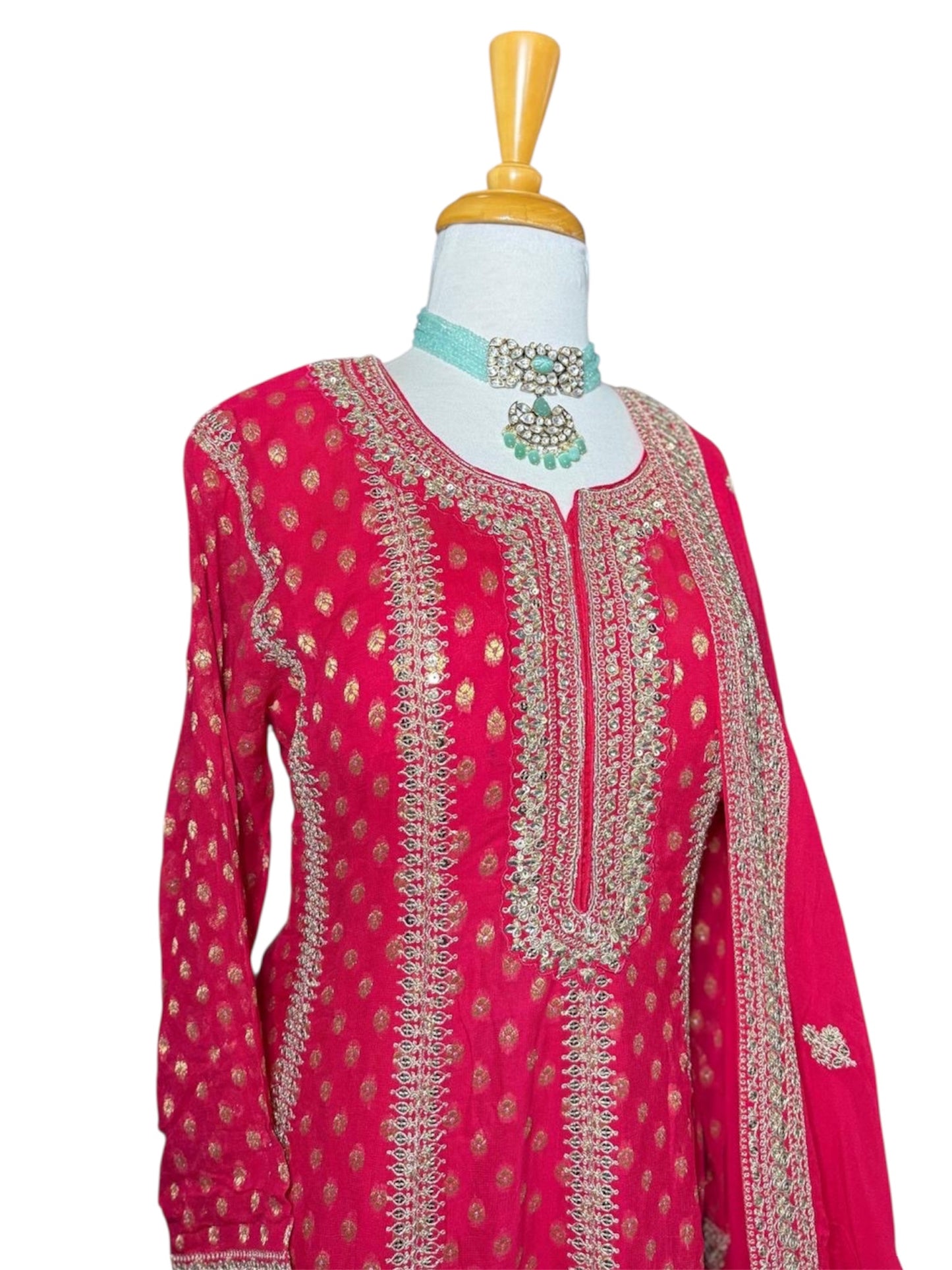 Red Banarsi Long Dress With Dupatta