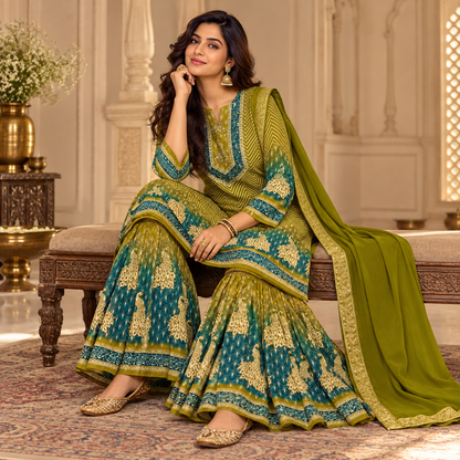 Olive Green & Teal Peacock Sharara Suit with Dupatta