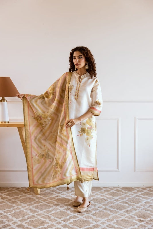 White Kurta Set Paired With Floral Dupatta