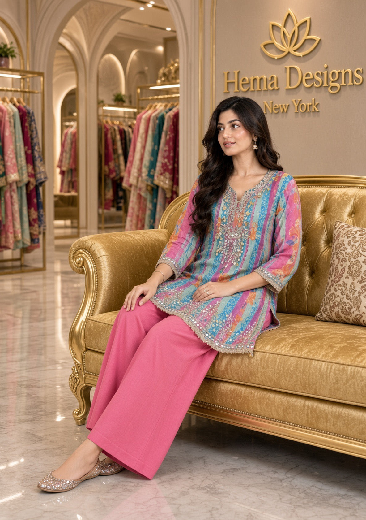 Multicolor Striped Embroidered Kurta Set with Solid Pink Palazzo Pants
