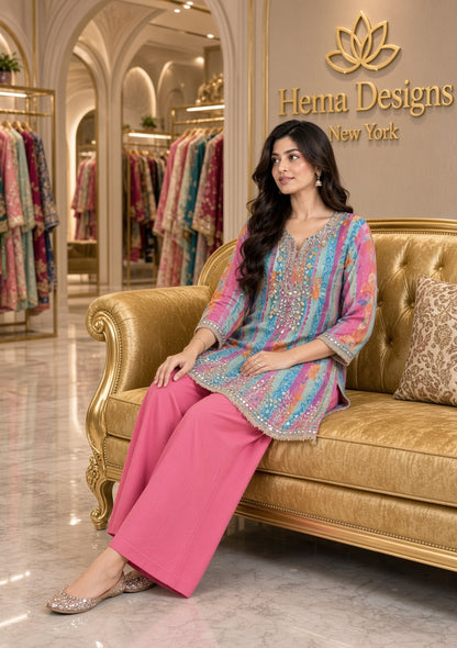 Multicolor Striped Embroidered Kurta Set with Solid Pink Palazzo Pants