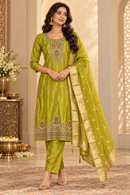 Olive Green Embroidered Suit Set