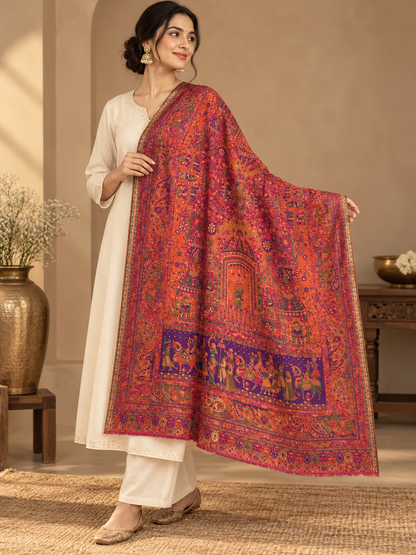 Rust & Plum Shawl with Traditional Floral and Folk Work