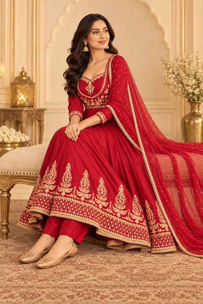 Red Embroidered Anarkali Suit Set