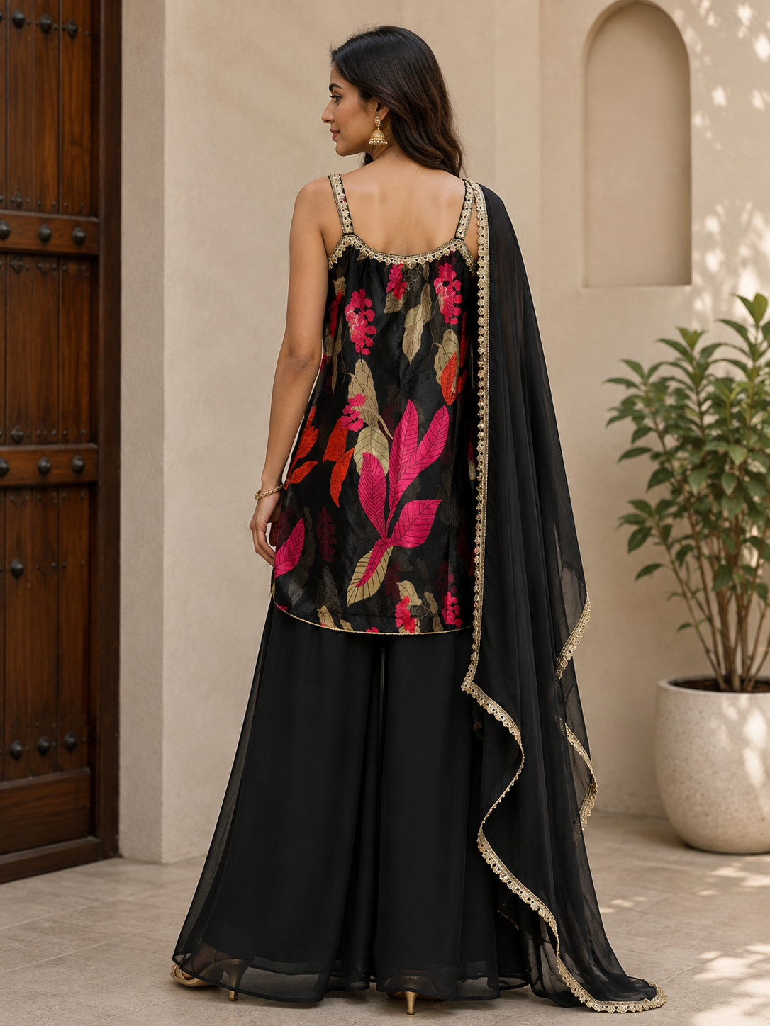 Black Floral Plazo Suit