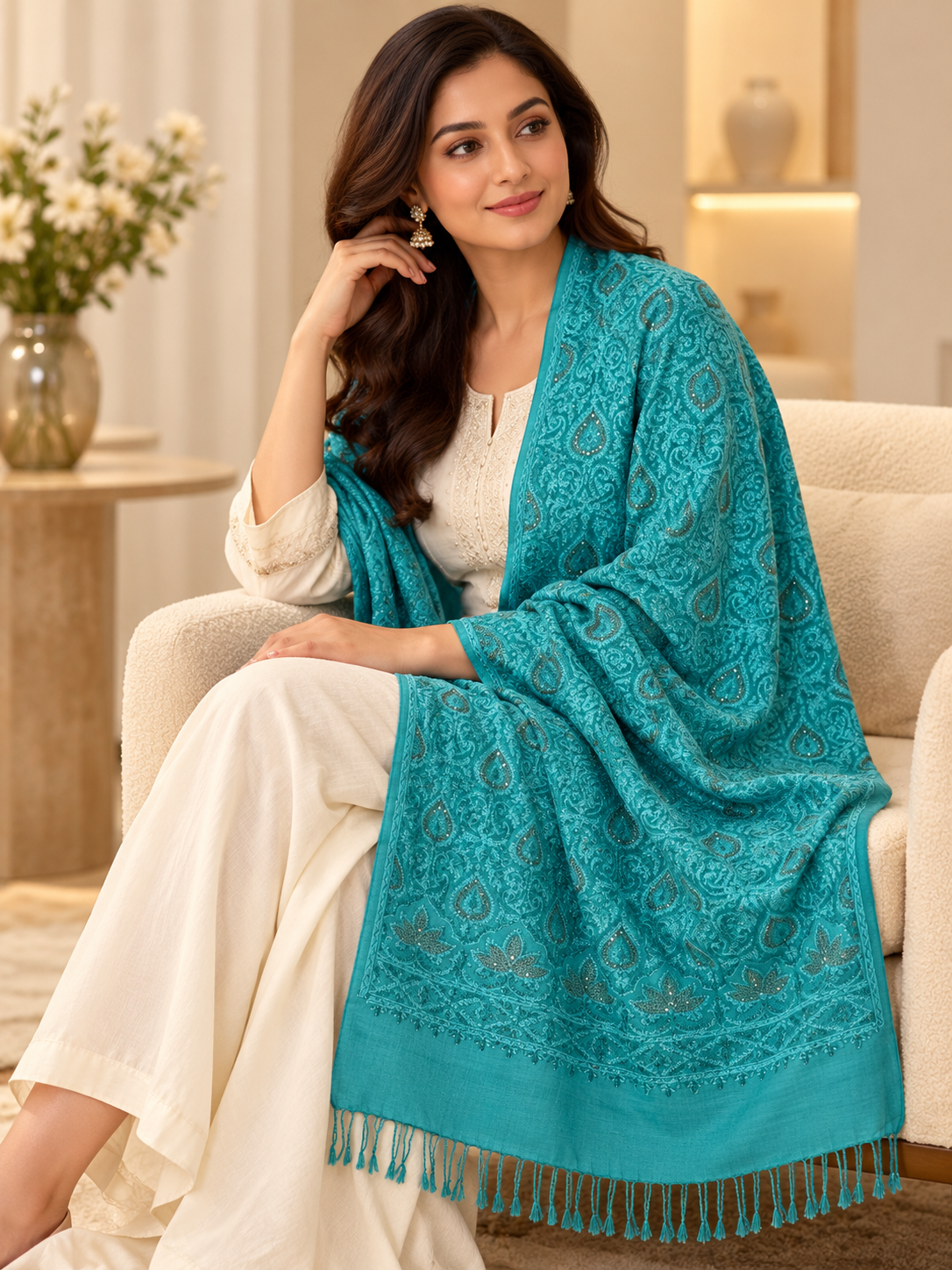 Turquoise Paisley Swarovski Work Pure Wool Shawl
