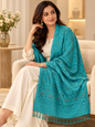 Turquoise Paisley Swarovski Work Pure Wool Shawl
