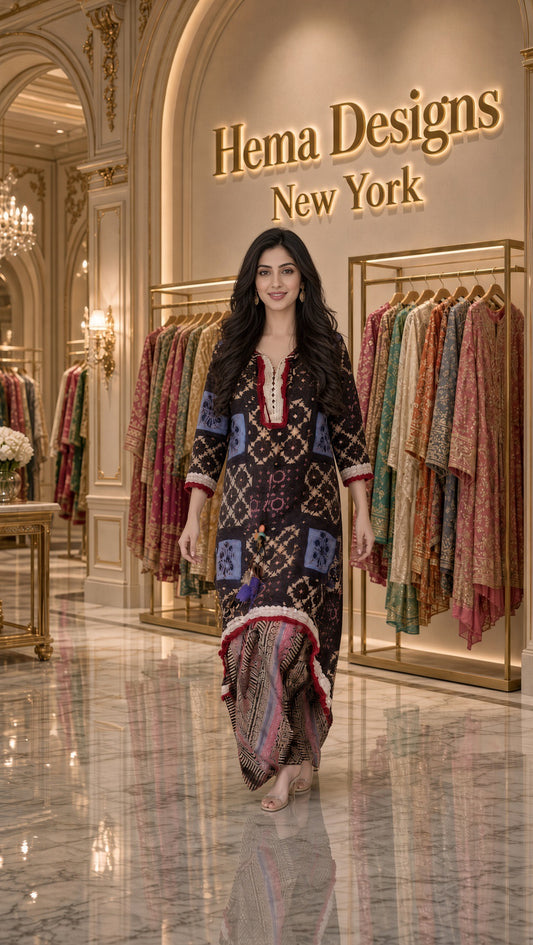 Black Printed Dhoti Kurta Set with Tassels