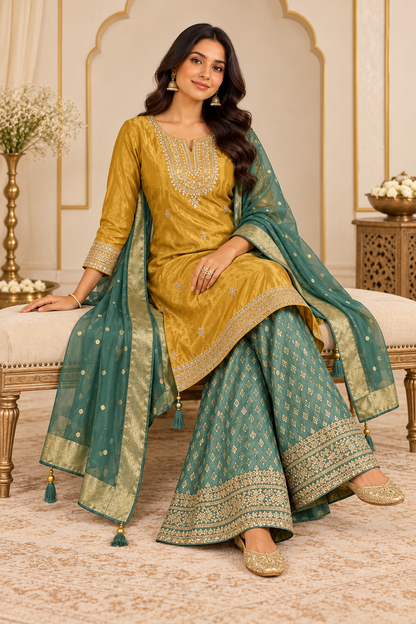 Mustard & Teal Embroidered Suit Set