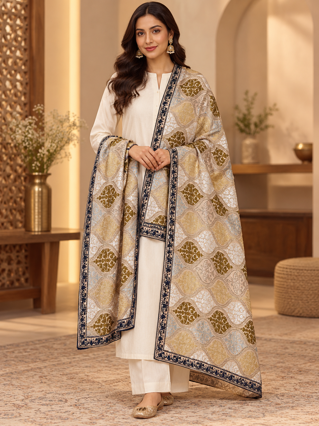 Ivory Wavy Floral Swarovski Work Velvet Shawl