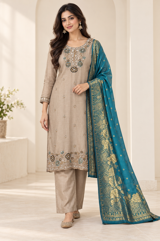 Taupe Embroidered Suit Set with Teal Dupatta