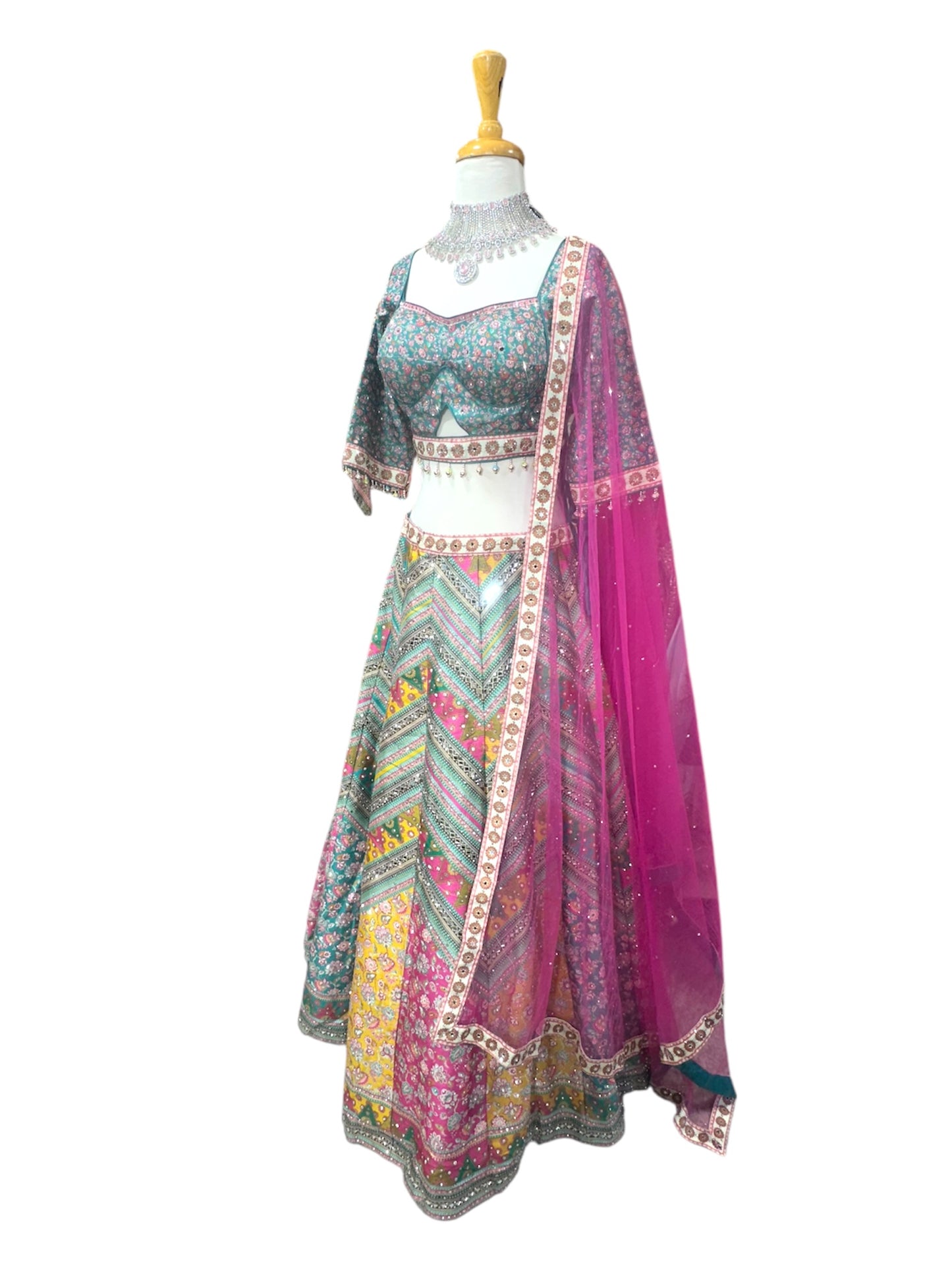 Multicolor Lehenga with Teal Blouse and Magenta Dupatta