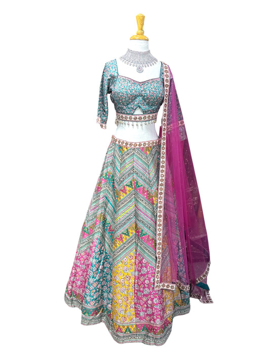 Multicolor Lehenga with Teal Blouse and Magenta Dupatta