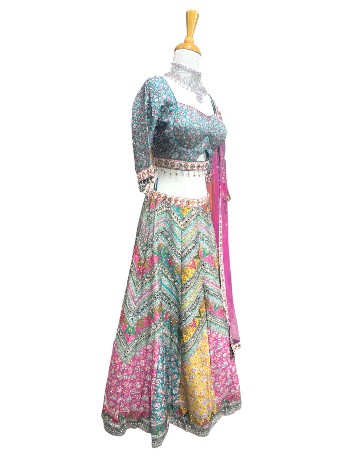 Multicolor Lehenga with Teal Blouse and Magenta Dupatta