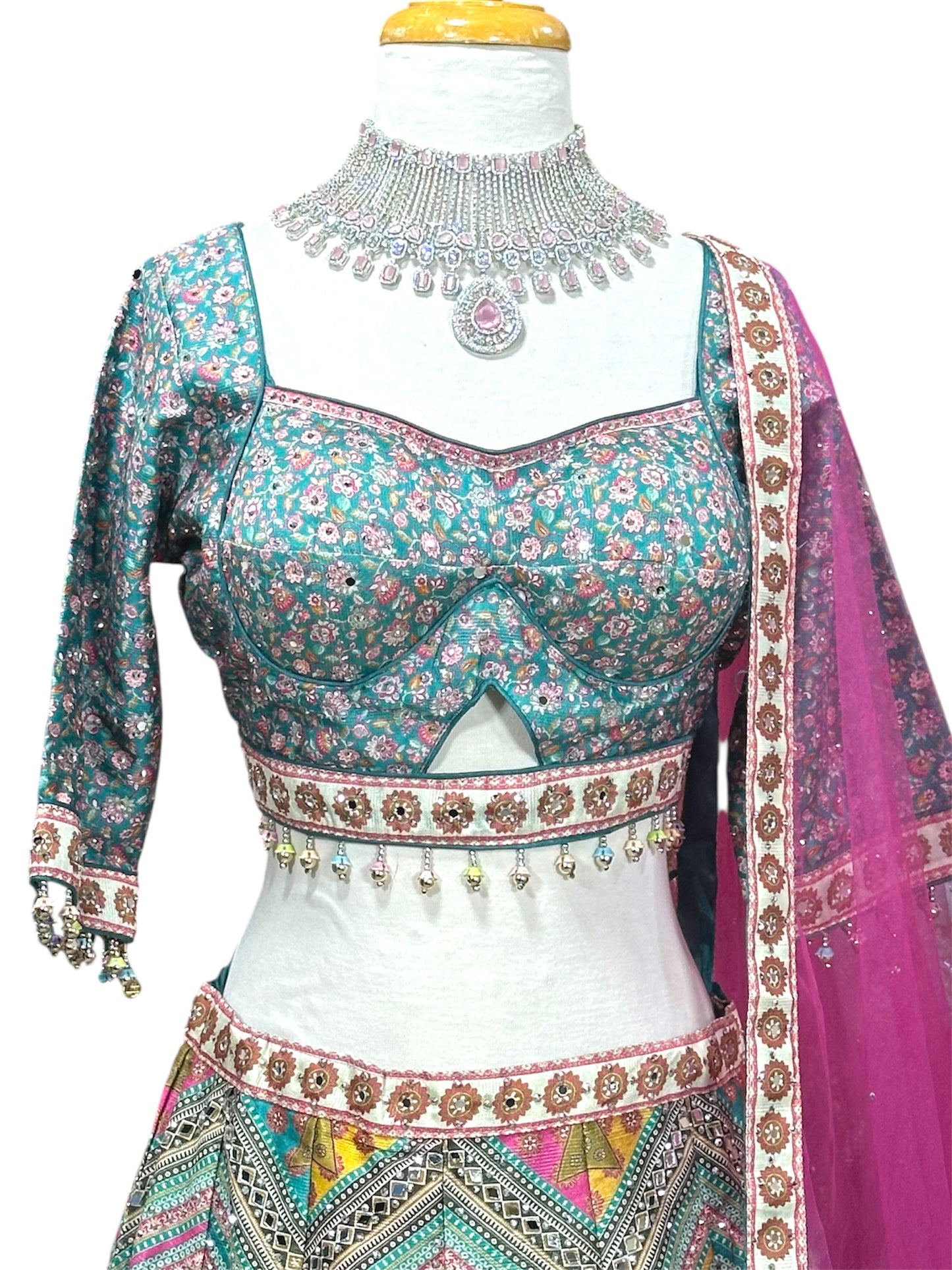 Multicolor Lehenga with Teal Blouse and Magenta Dupatta