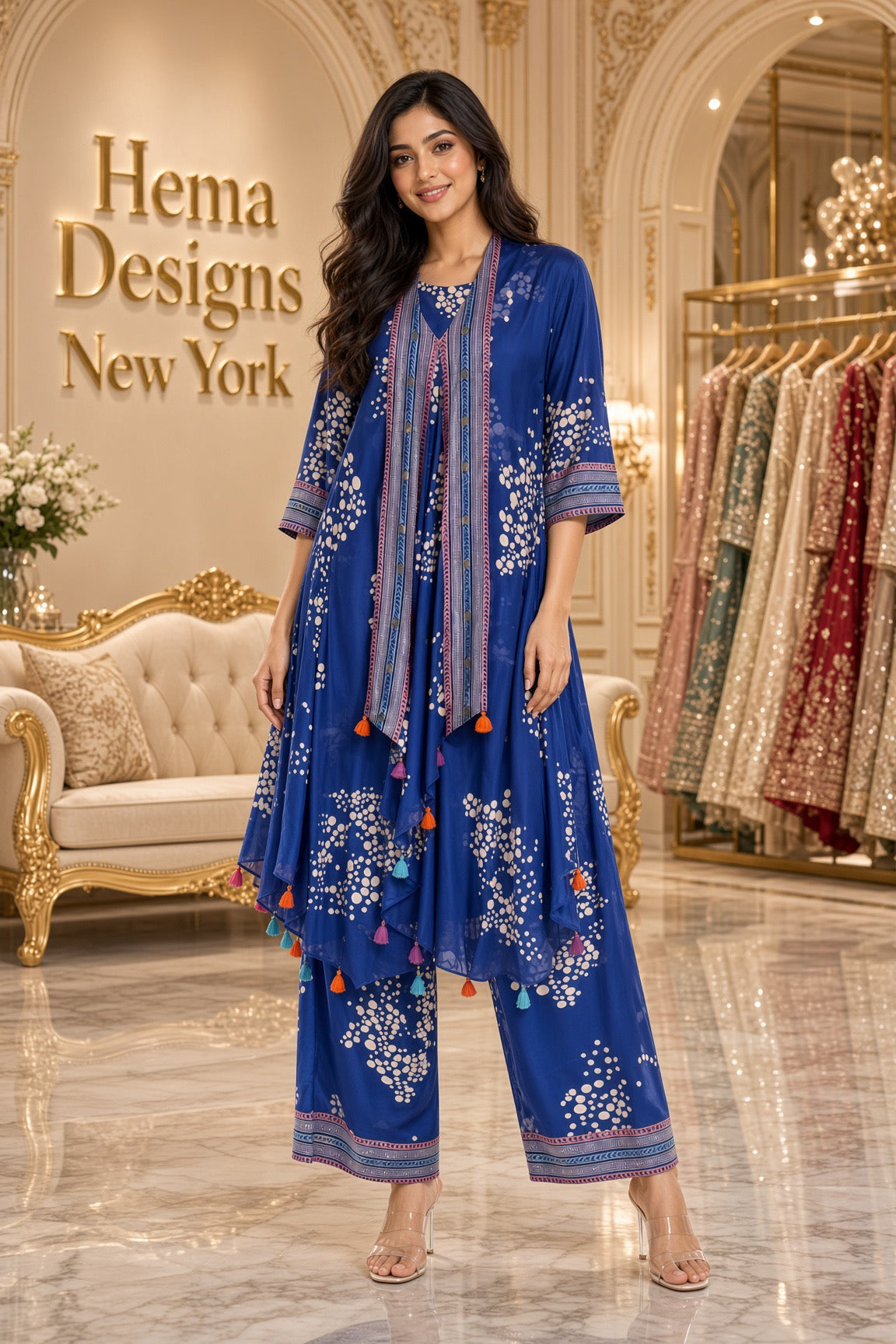 Royal Blue Embroidered Kurta with Tassels and Matching Palazzo Pants