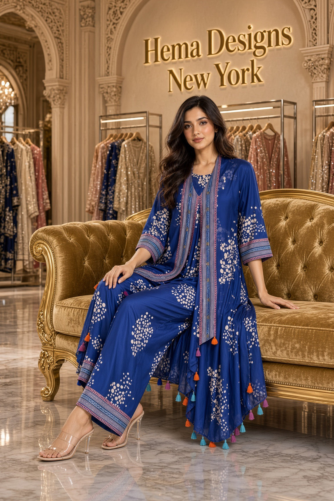 Royal Blue Embroidered Kurta with Tassels and Matching Palazzo Pants