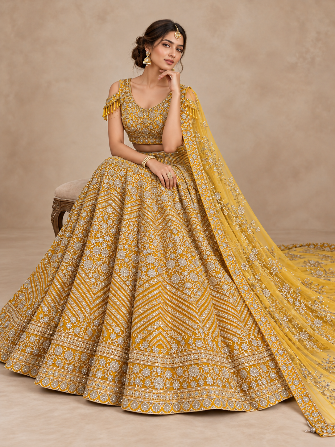 Beige Gold Lehenga Set