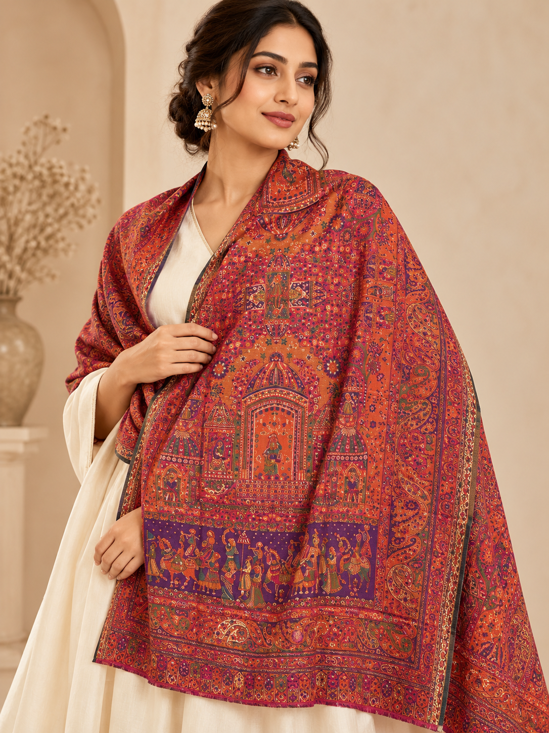Rust & Plum Folk Shawl with Paisley Border