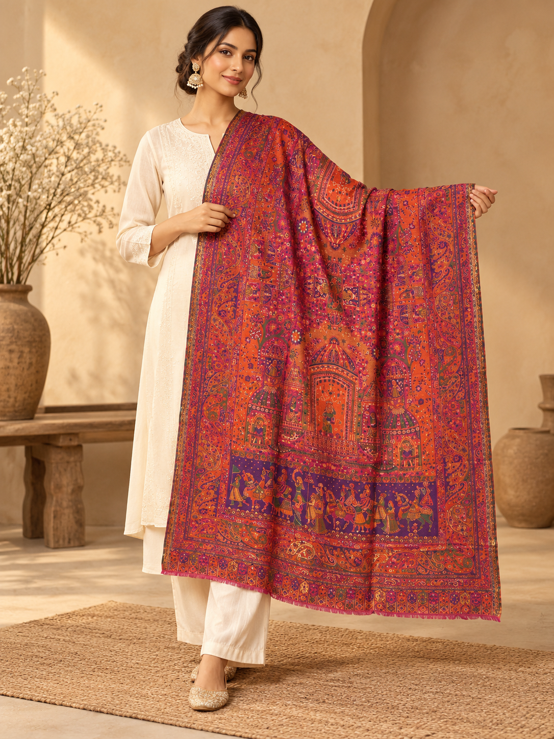Rust & Plum Folk Shawl with Paisley Border