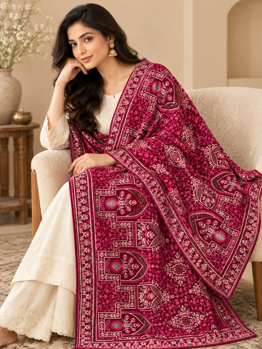 Deep Magenta Floral Swarovski Work Velvet Shawl