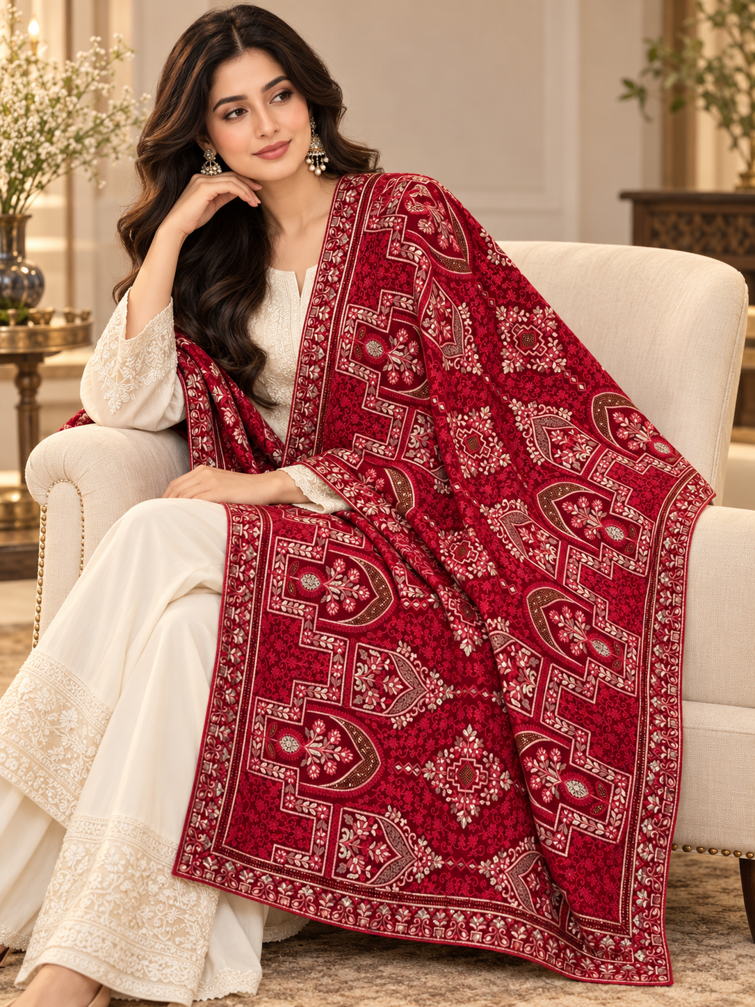Deep Red Swarovski Work Shawl