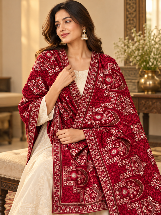 Deep Red Swarovski Work Shawl