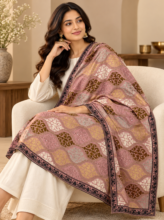 Dusty Rose Wavy Floral Swarovski Work Velvet Shawl with Contrast Border