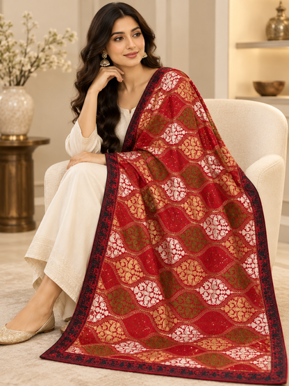 Ruby Red Wavy Floral Swarovski Work Velvet Shawl